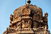 The great Chola temples of Tamil Nadu - The Brihadishwara Temple of Thanjavur. Detail of the tower of the Subrahmanya Shrine a secondary temple in the northwest corner of the temple courtyard. 